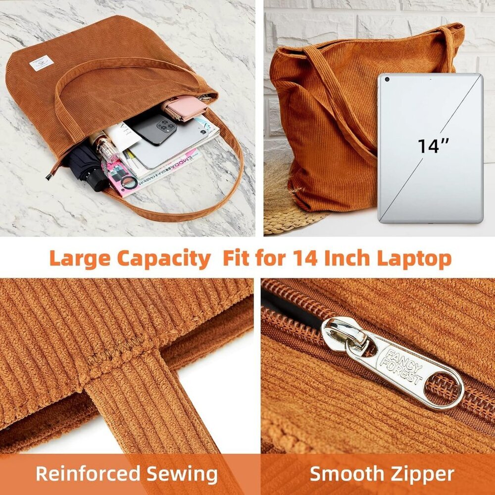 Women Corduroy Zipper Casual Tote Big Capacity Bag with Pockets - Picture 6 of 9